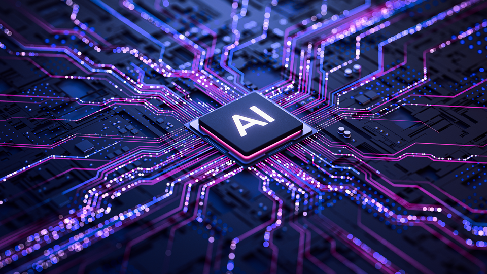 graphic of hyper realized computer board with a chip. Glowing purple lines show heavy movement and AI labeld onb the chip.
