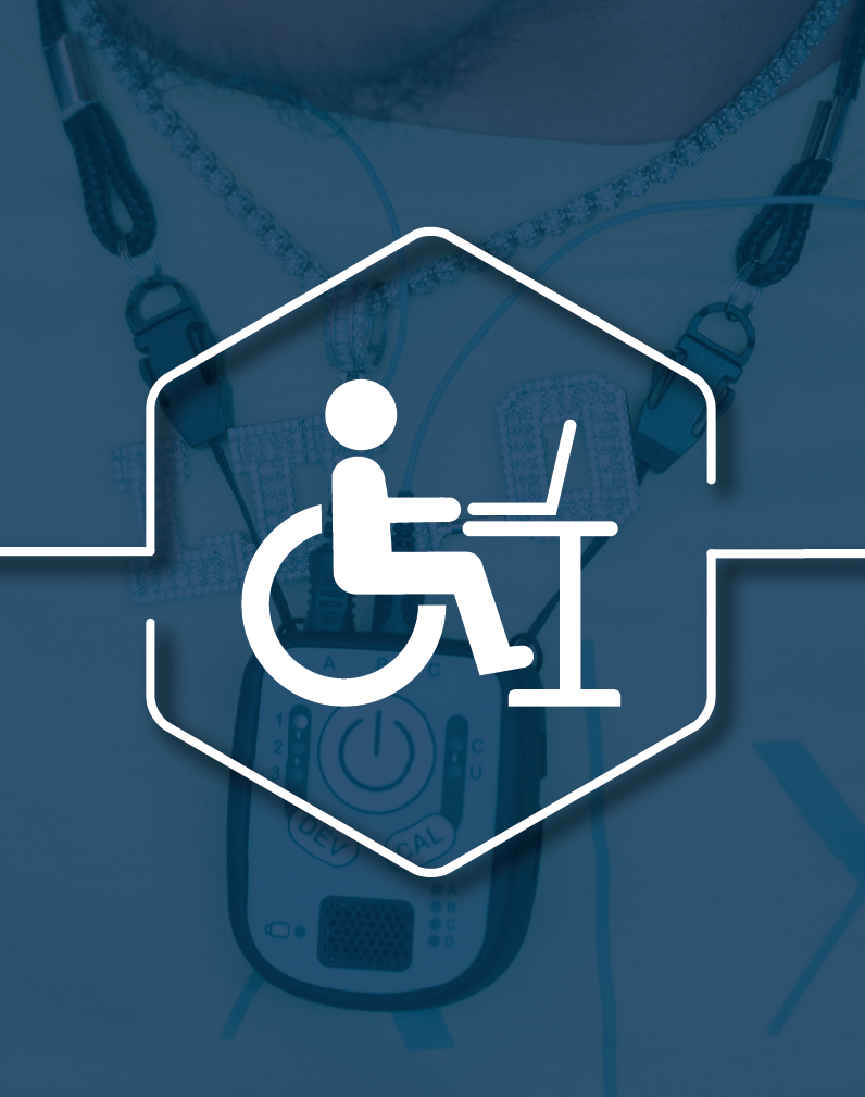 Illustrated icon of a hand holding a gear with circuit lines over a close-up background of a wearable assistive device with straps and control unit.