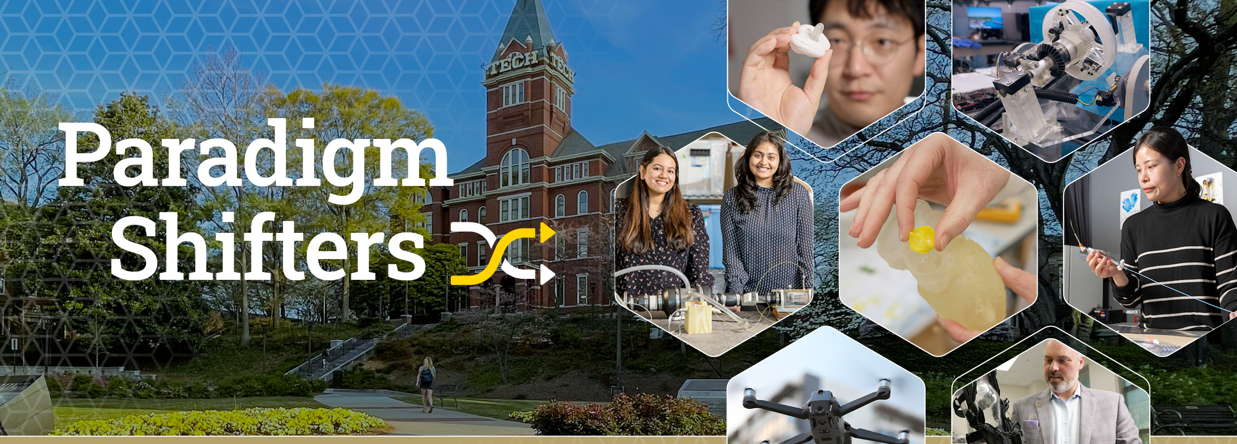 Collage graphic, Tech Tower in the background with 7 honey comb grids with images in them, some scientist, mael and female, and some lab equipment