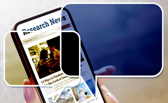 phone in womens hand with popup text blocks overlaying