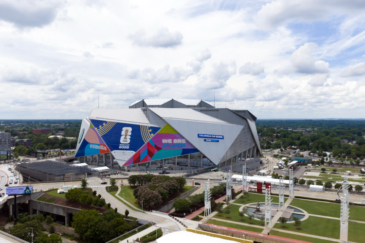 Drone photo of FIFA decorated Mercedes-Benz Stadium in Atlanta Georgia