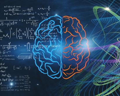 Digital illustration of a human brain split down the middle: the left side is filled with white mathematical equations, diagrams, and formulas, while the right side is surrounded by colorful, flowing lines and abstract wave patterns against a dark blue background.