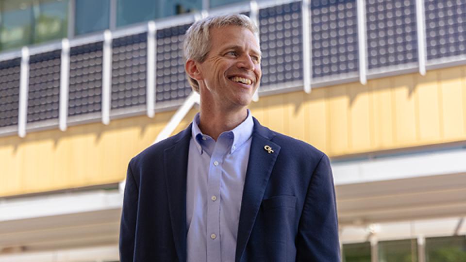 Tim Lieuwen standing outside the CNES Building on the Georgia Tech campus.