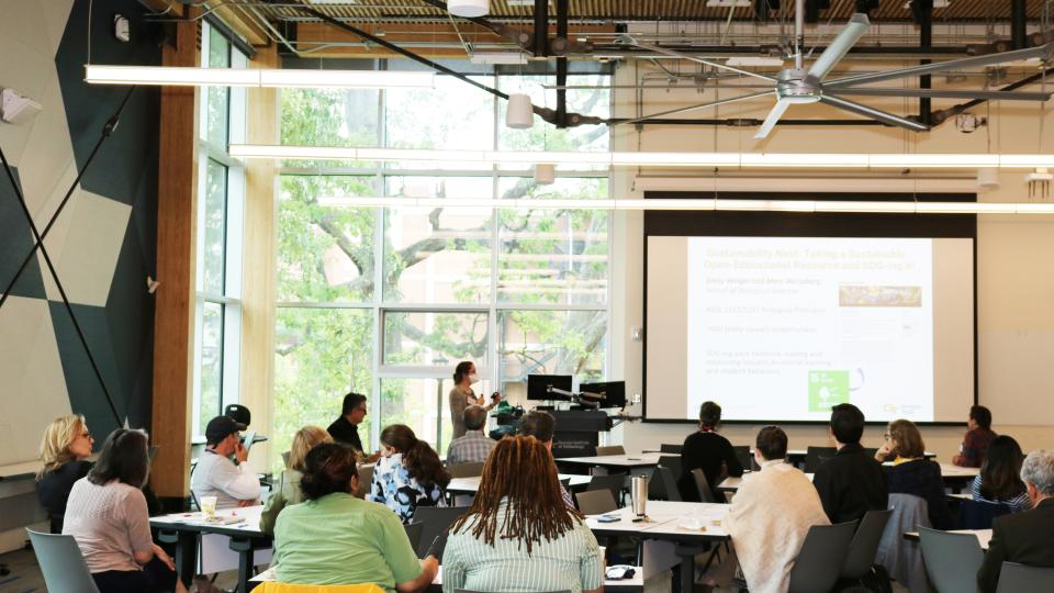 Georgia Tech researchers give presentations on their Undergraduate Sustainability Education Innovation Grants during a recent "Jamboree" in the Kendeda Building. (Photo Jess Hunt-Ralston)