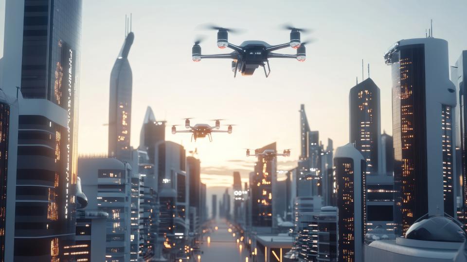AI image of air taxis in futuristic setting