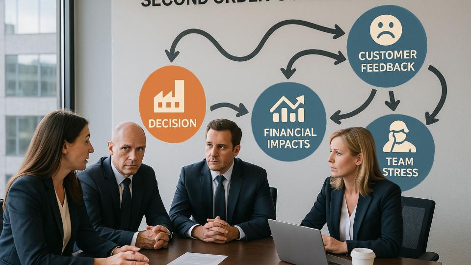 Management team sitting around conference room table discussing concerns about a business decision