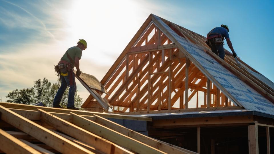 Carpenters build a roof on a residential house