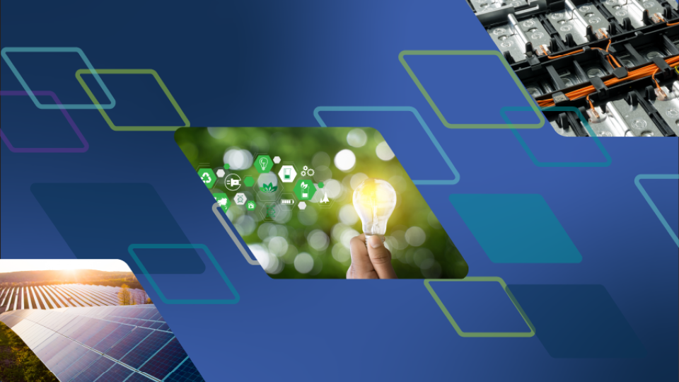 Images of a light bulb, solar panels, and batteries