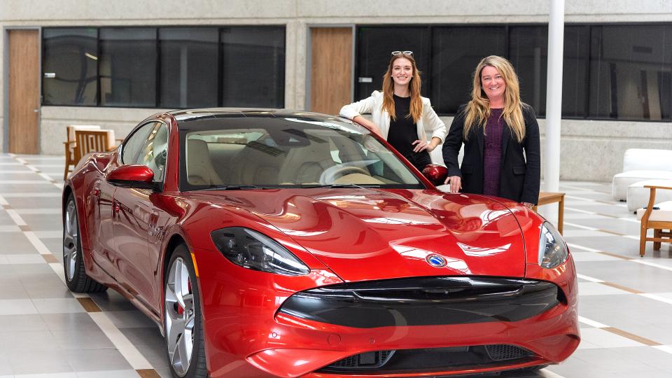 Jenn Voelker and Julia Vorpahl at the Karma Automotive headquarters in Irvine, California