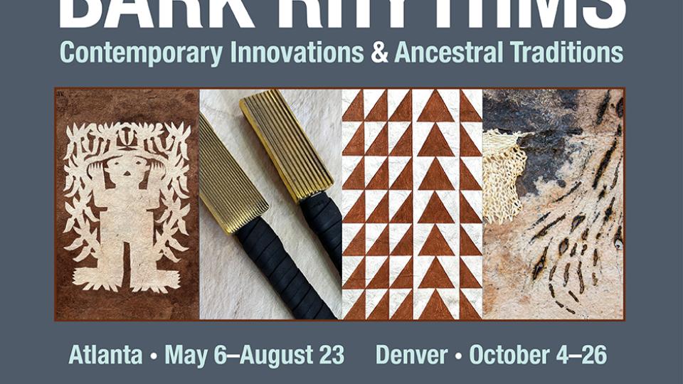 Exhibit title over neutral-colored objects included in current exhibit