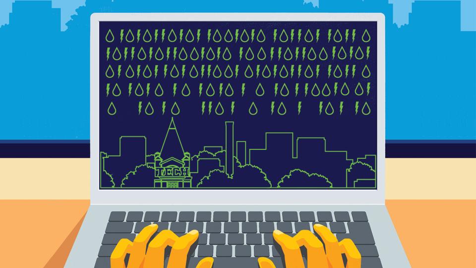 Illustration of a laptop computer with a digital silhouette of the Georgia Tech campus on the screen along with lightning bolts and water drops.