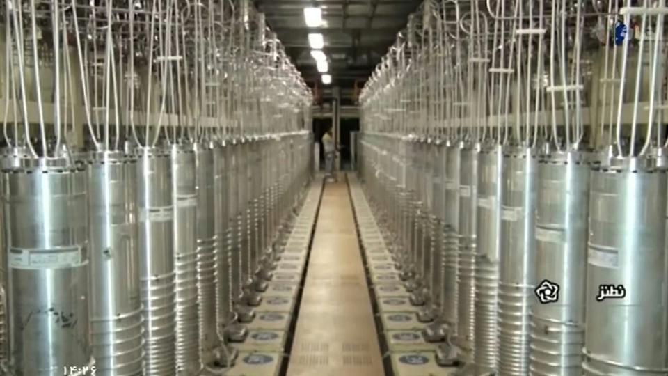 An image from Iranian television shows centrifuges lining a hall at Iran’s Natanz uranium enrichment facility in 2021. IRIB via APPEAR