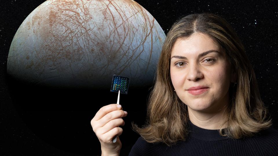Composite image of Europa behind Azadeh Ansari holding a computer chip that combines many sensors into one small package.