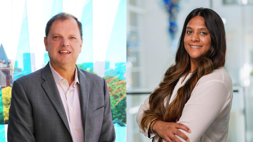 Side-by-side photos of Joel Kostka and Titiksha Fernandes