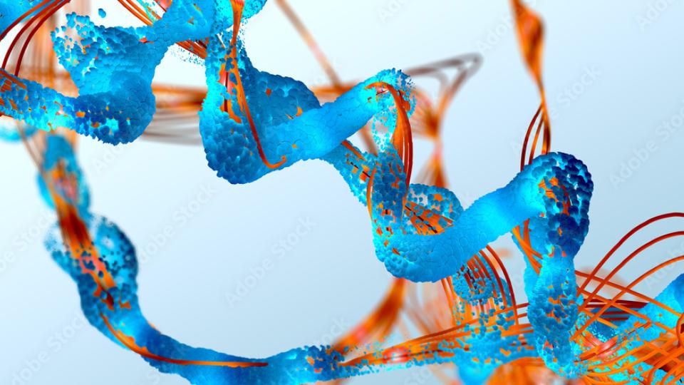 Blue and orange spirals against a light blue background.