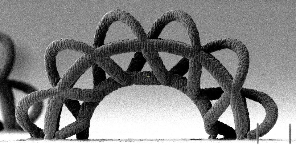 Scanning electron microscope image of a tiny, arch-like structure made of looped, rope-textured material. A scale bar indicates the structure is on the order of 100 micrometers wide.