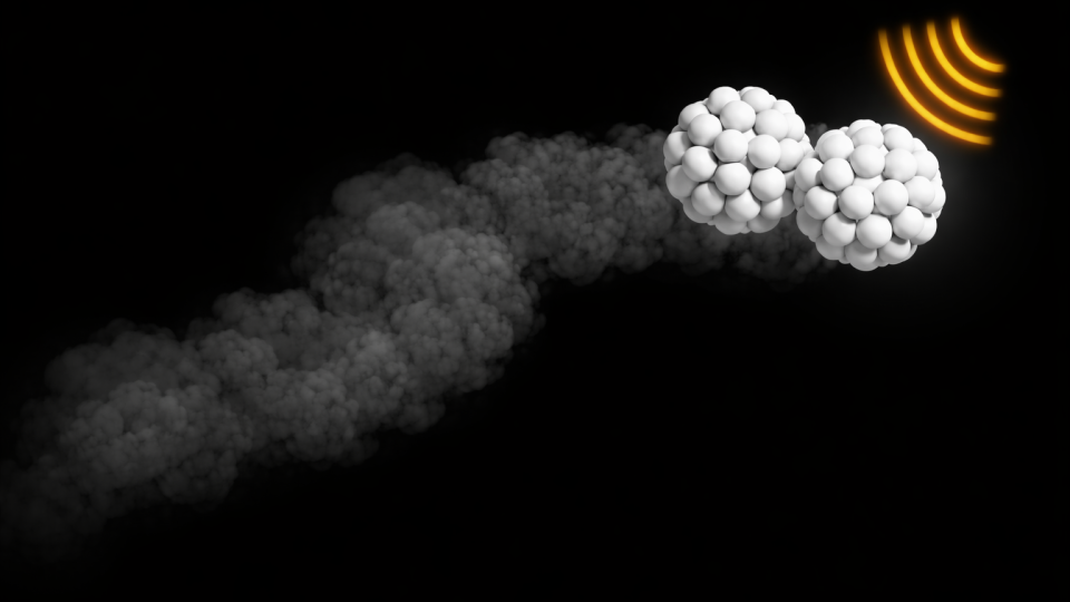 Abstract illustration of clustered white nanoscale particles moving through a dark vessel with signal waves.