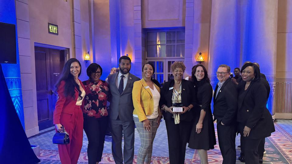 Members of Georgia AIM’s governance team stand for a photo with Cassia Baker, a cybersecurity expert with the Georgia Manufacturing Extension Partnership (left), and David Bridges, executive vice president of Georgia Tech’s Enterprise Innovation Institute (second from right), which oversees the projects.