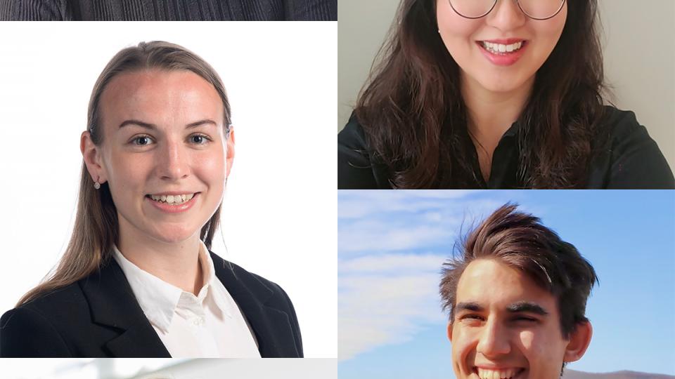 Montage of portraits. R to L, Top to Bottom: Aminat Ambelorun, Min-kyeong (Min) Cha, Allannah Duffy, Eric Greenlee, and Spenser Wipperfurth