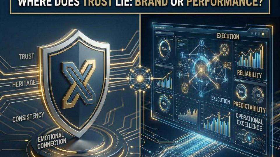 A split-panel conceptual infographic asks a central question: "IN A WORLD OF LOWERED CAPABILITY COSTS, WHERE DOES TRUST LIE: BRAND OR PERFORMANCE?" The left side, "THE BRAND DIMENSION," features a glowing shield on a pedestal with an 'X' logo and lists traits like "TRUST" and "HERITAGE." The right side, "THE PERFORMANCE DIMENSION," displays a holographic data interface with metrics like "EXECUTION," "RELIABILITY," and "PREDICTABILITY.