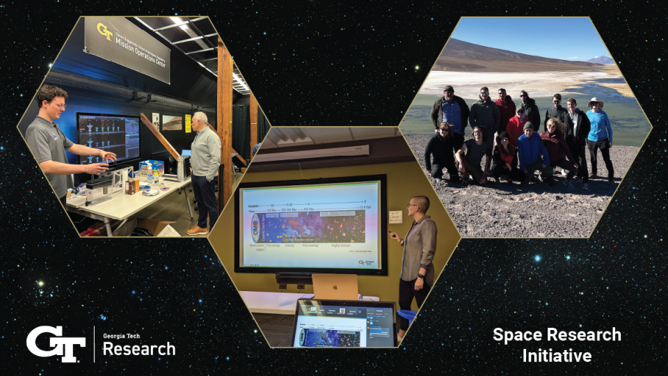 Three photos in hexagons - one group photo outside, one seminar presentation, and one of someone in a lab.