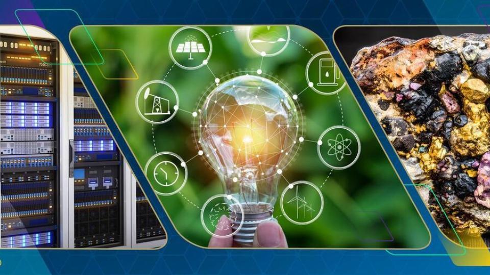 Georgia Tech Energy Day 2026 Header Image with three boxes showing an image of a datacenter, an electric bulb with energy sources around it and a multi-colored critical mineral 