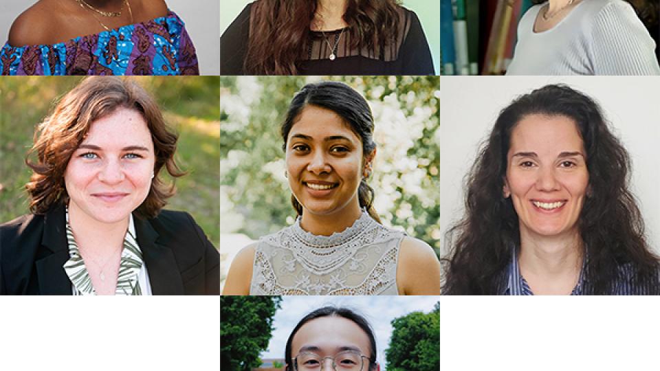 Montage of portraits of the inaugural class of BBISS Graduate Fellows. L to R, top to bottom, Bettina Arkhurst, Katherine Duchesneau, Marjorie Hall, Meaghan McSorley, Udita Ringania, Ioanna Maria Spyrou, Yilun 'Elon' Zha.