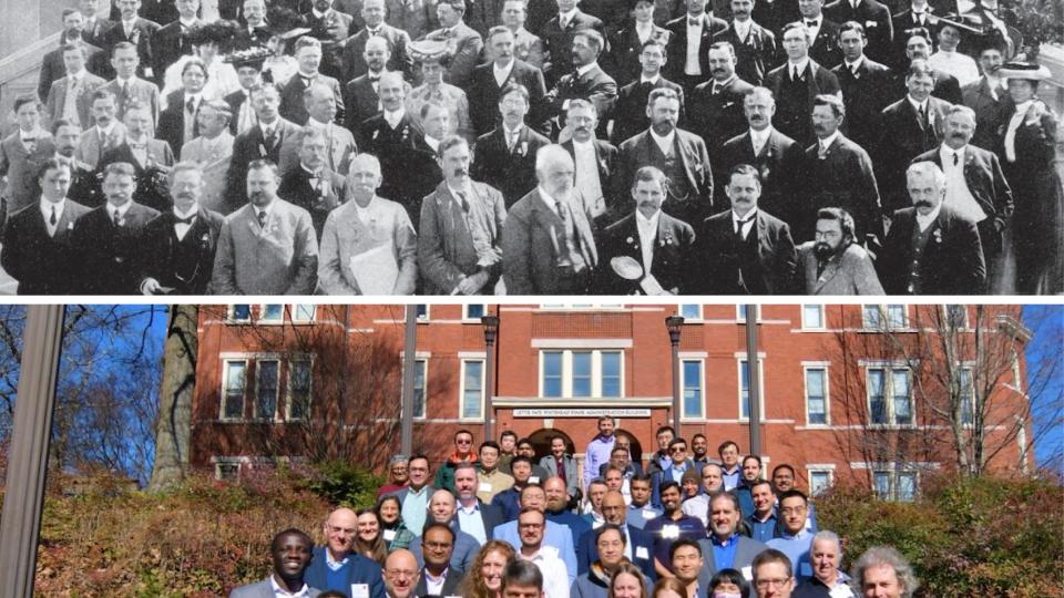 Past and present power grid experts.     Top: Power systems experts from around the world gathering in St. Louis in 1904 to discuss anything and everything electrical, including the operation of the then new networks of synchronous generators.    Bottom: The January 2023 meeting of the Universal Interoperability for Grid-forming Inverters (UNIFI) Consortium on Georgia Tech’s campus in Atlanta. UNIFI is a U. S. Department of Energy funded effort to advance grid-forming (GFM) inverter technology. 
