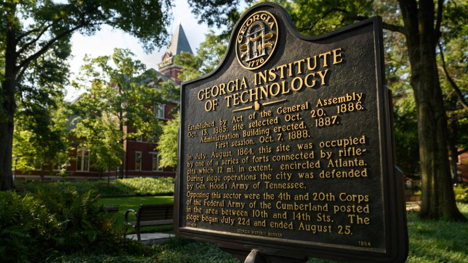 Historical sign depicting information about Tech Tower