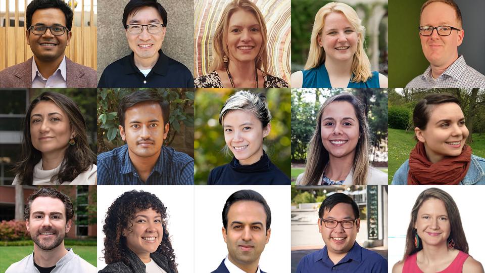 Collage of multiple individual portrait photos arranged in a grid, showing people photographed from the shoulders up in a variety of indoor and outdoor settings. Backgrounds include office spaces, greenery, campus walkways, and neutral studio backdrops, with individuals wearing professional or business‑casual clothing. The images vary in lighting and composition but share a consistent head‑and‑shoulders portrait style.