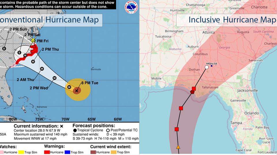 Side‑by‑side comparison graphic showing two hurricane forecast visualizations. The left panel, labeled ‘Conventional Hurricane Map,’ displays a white cone of uncertainty over the Atlantic Ocean and southeastern United States with dated forecast points for Hurricane Florence, while the right panel, labeled ‘Inclusive Hurricane Map,’ shows a red shaded impact corridor over Florida, Georgia, Alabama, and South Carolina with a storm track line and icons indicating storm categories near cities such as Atlanta, T