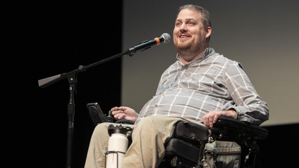 From clinical trial participant to BCI advocate, Ian Burkhart shares his story at “Wired Lives,” organized by Georgia Tech’s Neuro Next Initiative. Photo: Chris McKenney