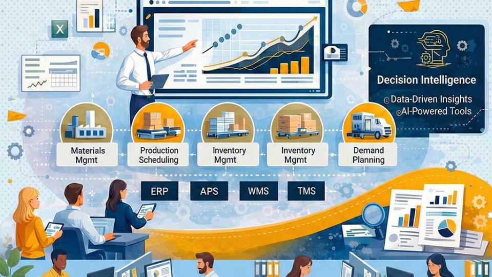 Illustration of AI-driven supply chain decision intelligence, featuring analytics dashboards and AI‑powered insights supporting materials management, production scheduling, inventory management, transportation, and demand planning.