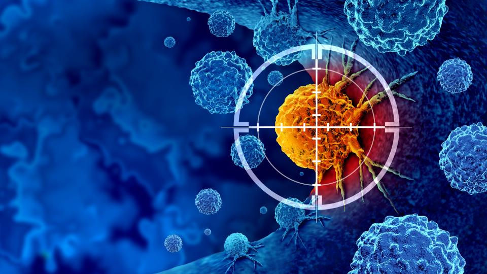 Illustration of cancer cells, with a highlighted tumor cell in the center targeted by a digital crosshair.