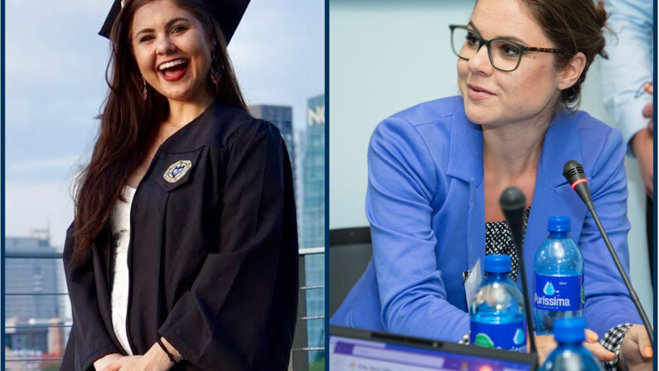 Split screen photo shows a woman in a graduation gown and a woman speaking into a microphone.