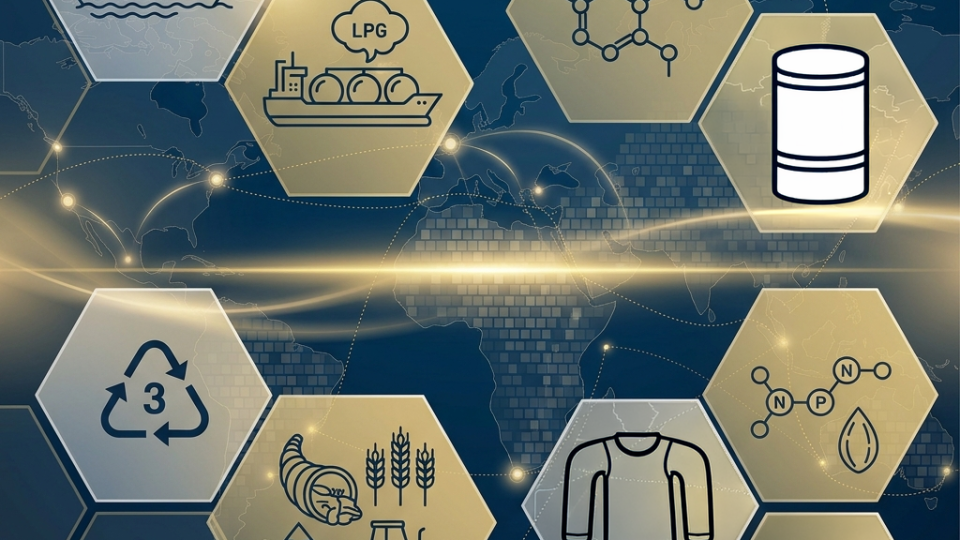 A sophisticated, high-tech horizontal banner design featuring an abstract global supply chain network. The composition uses a series of interconnected translucent hexagons and mosaic tile patterns showing maritime shipping routes and industrial icons: chemical structures (naphtha), PVC, plastics, food and agriculture, liquefied petroleum gas, fertilizer, apparel.