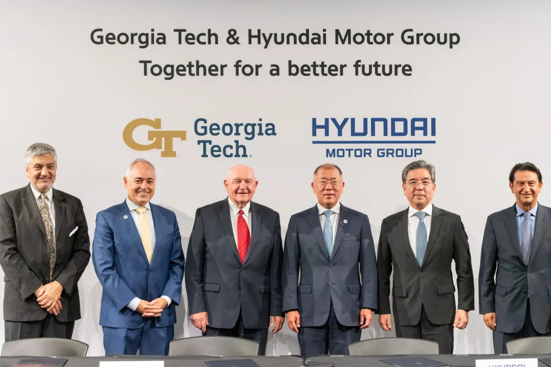 Georgia Tech and Hyundai leaders pose for a photo following the signing of the memorandum of understanding.