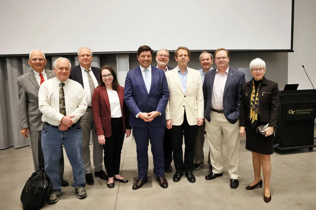 Andreas Villegas, Keynote Speaker and President of the Georgia Forestry Association with RBI's Executive Director Carson Meredith, Research Initiative Leads and Faculty.