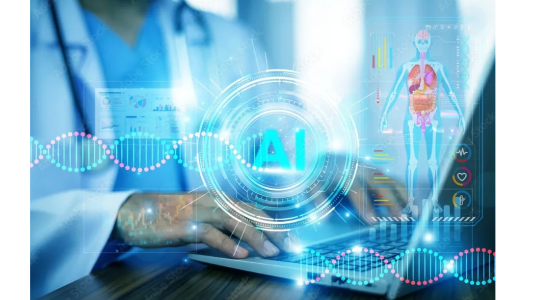 A doctor on a computer working with an AI-powered health device