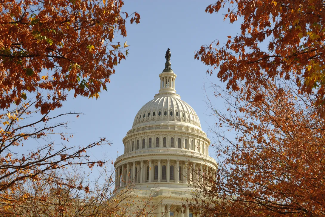 Photo of the U.S. Capital Building in the fall. 