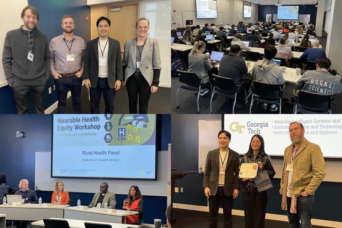 Picture upper left: Philipp Gutruf, Alex Adams, Hong Yeo, and Kimberlee McKay. Picture upper right: workshop attendees. Picture lower left: Rudy Gleason, Shelly Spires, Brad Jones, and Ruwanthi Ekanayake. Picture lower right: Hong Yeo, Garan Byun, and Clint Zeagler.