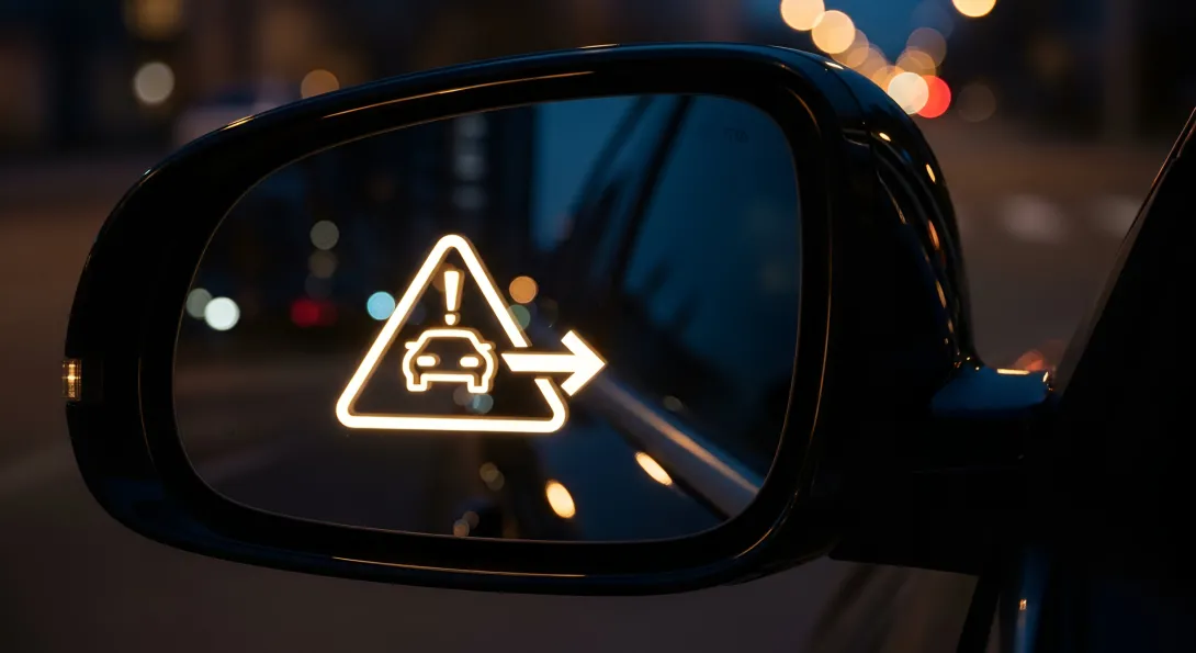 A car's side view mirror with a alert in the center of the mirror. 