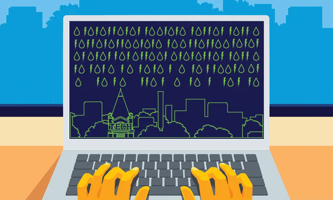 Illustration of a laptop computer with a digital silhouette of the Georgia Tech campus on the screen along with lightning bolts and water drops.