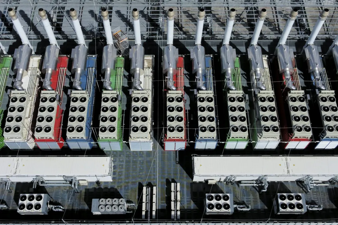 These ‘chillers’ on the roof of a data center in Germany, seen from above, work to cool the equipment inside the building. 
