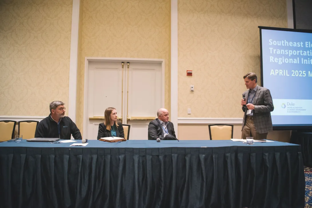 Richard Simmons (Georgia Tech Strategic Energy Institute and SETRI co-facilitator) (right) moderates a panel on charging infrastructure featuring (from left) Tom DelViscio (Duke Energy) Emily Belding (IONNA) and Ben Rogers (Electrada). [