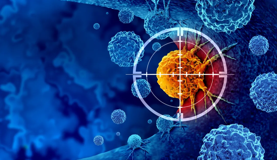 Illustration of cancer cells, with a highlighted tumor cell in the center targeted by a digital crosshair.