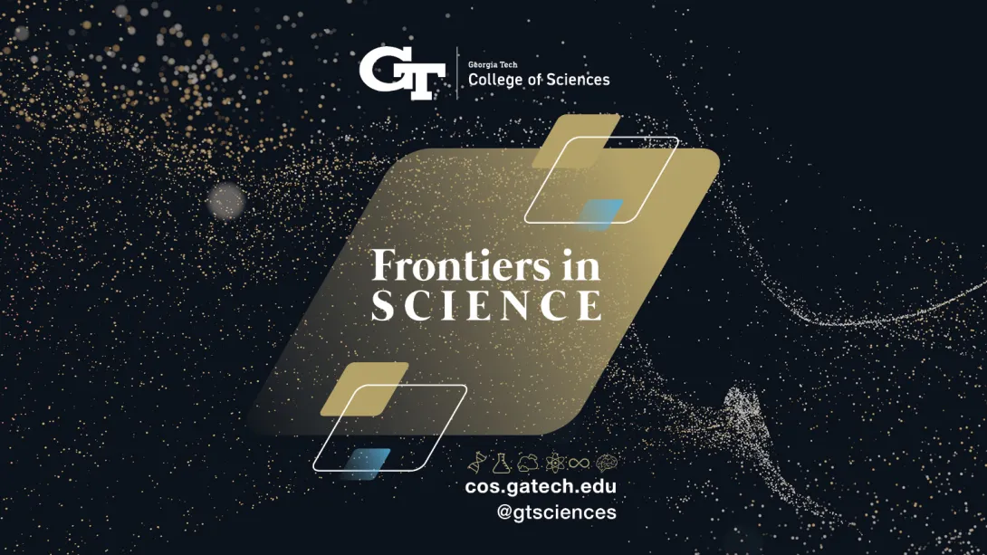 A black banner reading "Frontiers in Science: Advancing Space Exploration." The words are surrounded by dynamic gold sparkles, along with light blue, gold, and white parallelograms.