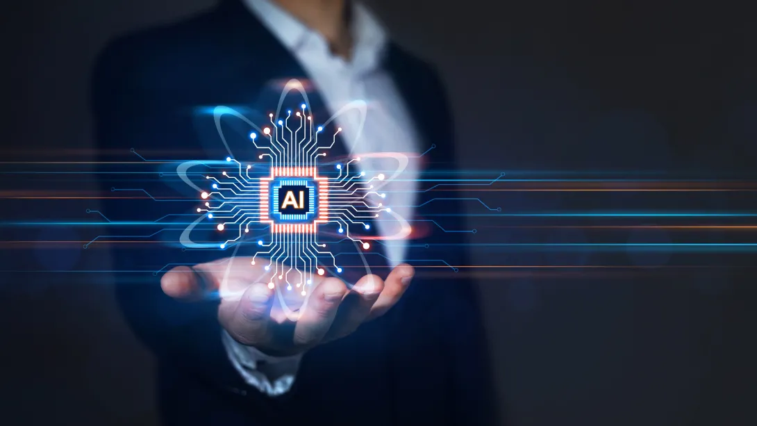 A graphic showing an AI model in an outstretched hand. 