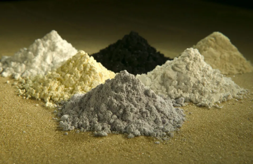 Piles of rare earth oxides praseodymium, cerium, lanthanum, neodymium, samarium and gadolinium. Peggy Greb/USDA-ARS