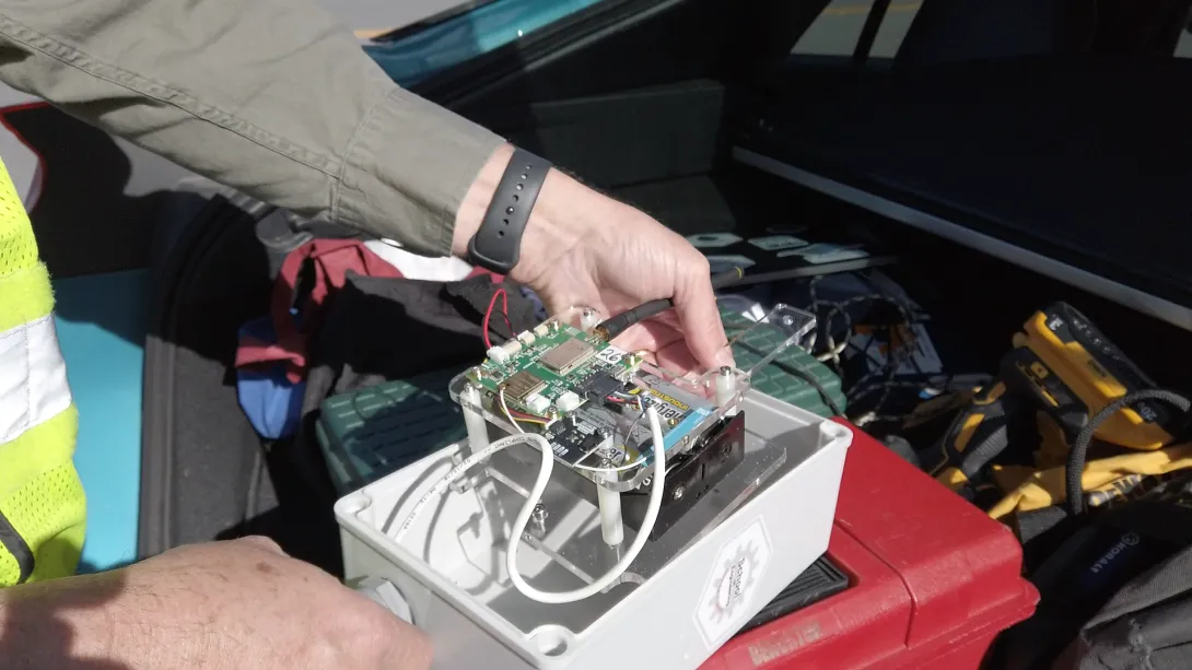 A close-up view of the sensor being used to monitor sea levels off the Georgia Coast.